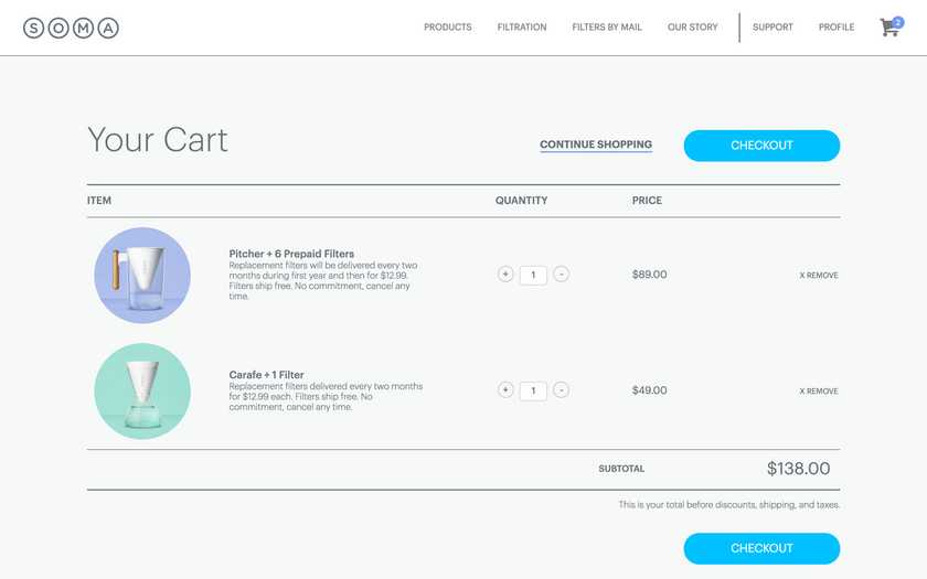 The newly created cart page allowed users to manage multiple products and quantities