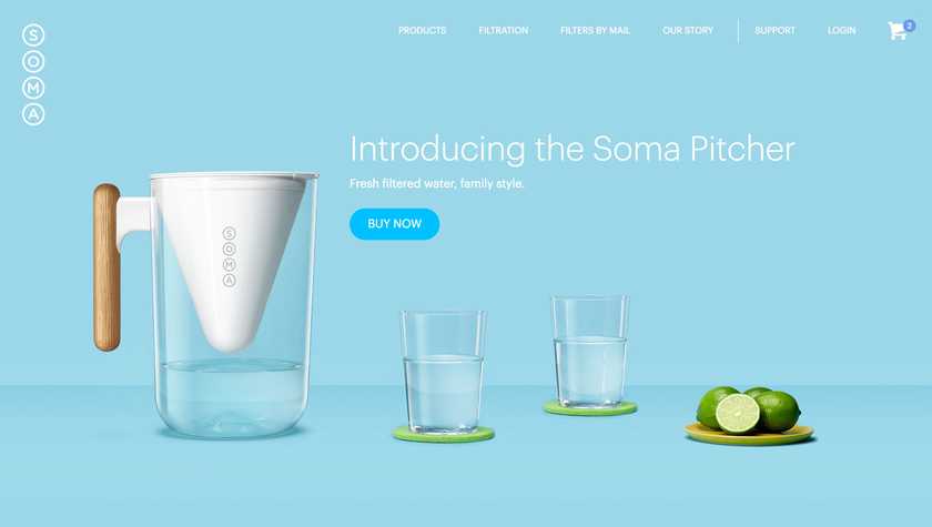 Soma's updated landing page promoting their new product, the pitcher
